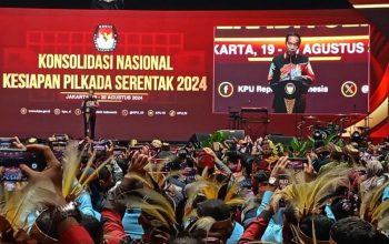 Presiden Joko Widodo menghadiri acara Konsolidasi Nasional Kesiapan Pilkada Serentak 2024 di Jakarta Convention Center, Jakarta, Selasa (20/8/2024). (Rangga Pandu Asmara Jingga)