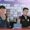 Pelatih tim nasional Indonesia Shin Tae-yong (kiri) dan bek Justin Hubner memberikan pernyataan pada konferensi pers prapertandingan Grup C putaran ketiga kualifikasi Piala Dunia 2026 zona Asia di Stadion Utama Gelora Bung Karno, Jakarta, Senin (9/9/2024). (Michael Siahaan)
