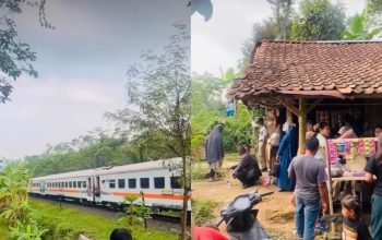 Momen langka, kereta api (KA) relasi Cianjur-Sukabumi mohok di tengah perjalanan. Momen itu tak disangka-sangka mendatangkan rezeki bagi pemilik warung yang mendadak ramai-Foto/Tangkapan Layar-