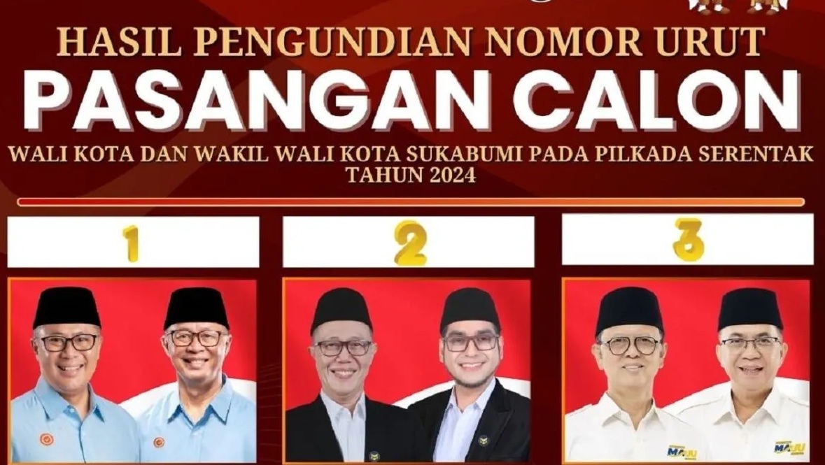 Tiga pasangan calon Wali-Wakil Wali Kota Sukabumi pada Pilkada Kota Sukabumi 2024. (KPU Kota Sukabumi)