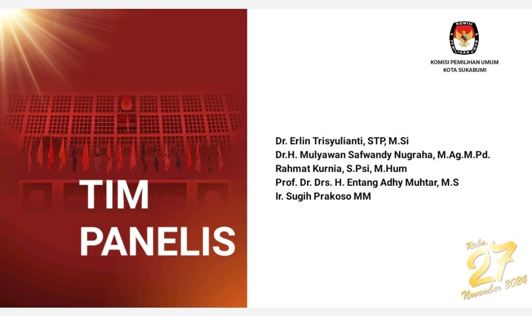 Nama nama lima panelis yang bakal memandu berjalannya debat publik pasangan calon Wali Kota dan Wakil Wali Kota Sukabumi.  