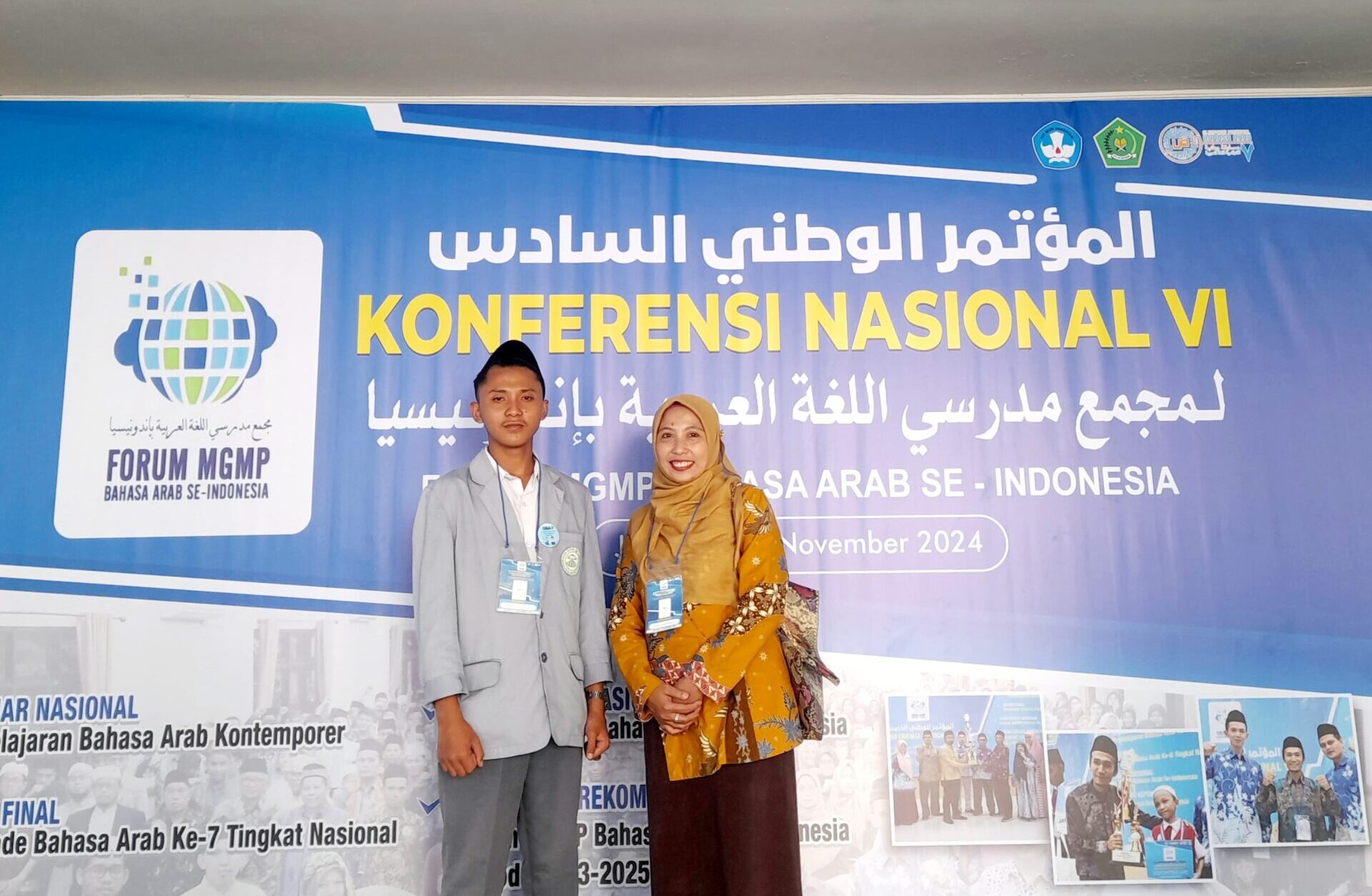 BANGGA : Ahmad Rifai, siswa kelas 12 dari MAS Miftahul Huda Yayasan Almasudiyyah, Sukabumi bersama guru pembimbing Khaerotunisak saat mengikuti ajang Olimpiade Bahasa Arab (OBA) ke-7 tahun 2024 tingkat nasional di Asrama Haji Pondok Gede, Jakarta Timur.(FOTO : dok/radarsukabumi)