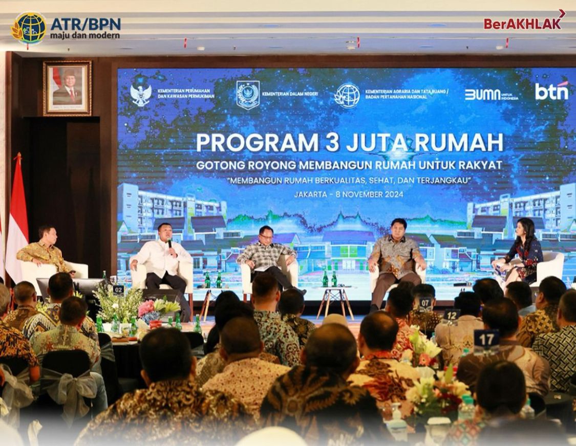 Menteri ATR/Kepala BPN, Nusron Wahid, dalam sambutannya pada acara Program 3 Juta Rumah, Gotong Royong Membangun Rumah untuk Rakyat, yang berlangsung pada Jumat (08/11/2024).