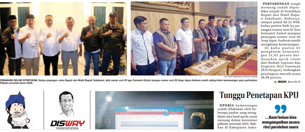 Kedua pasangan calon (paslon) Bupati dan wakil Bupati Kabupaten Sukabumi pada Pilkada 2024 yakni nomor urut 1 Asep Japar-Andreas dan Iyos Somantri dan Zainul saling mengklaim kemenangan