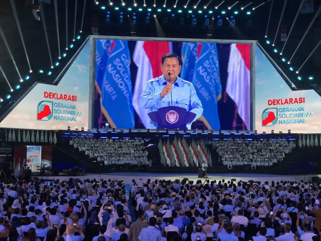 Presiden Prabowo Subianto saat memberikan sambutan dalam Deklarasi GSN di Indonesia Arena, Jakarta pada Sabtu (2/11). (Syahrul Yunizar/JawaPos.com)