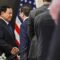 Presiden Prabowo Subianto (kiri) menyalami anggota United States-Indonesia Society (Usindo) David Merril (kedua kanan) saat pertemuan di Washington DC, Amerika Serikat, Senin (11/11/2024). (Hafidz Mubarak)
