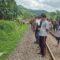 Warga mengerumuni lokasi kecelakaan, di mana seorang pria yang sudah lanjut usia tewas di lokasi kejadian akibat tersambar KA Siliwangi Sukabumi-Cianjur di Kampung Cilangla, RT 08/04, Desa Cireunghas, Kecamatan Cireunghas, Kabupaten Sukabumi pada Jumat (29/11/2024).