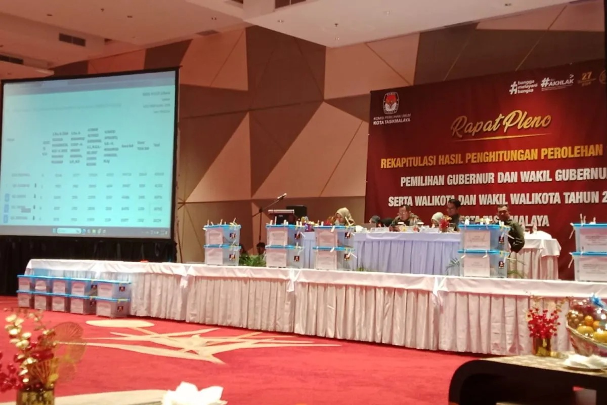 Pelaksanaan rapat pleno rekapitulasi perolehan suara Pemilihan Kepala Daerah Kota Tasikmalaya, Jawa Barat, Senin (2/12/2024) malam. 