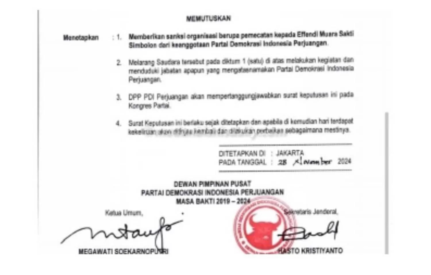 Surat DPP PDI Perjuangan yang berisi pemecatan terhadap Effendi Simbolon sebagai kader PDIP. (Istimewa)