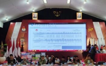 Para komisioner KPU Jabar membacakan hasil rekapitulasi suara dalam rapat pleno rekapitulasi penghitungan suara Pilkada Jabar di Gedung KPU Jabar, Bandung, Senin (9/12/2024). (Ricky Prayoga)
