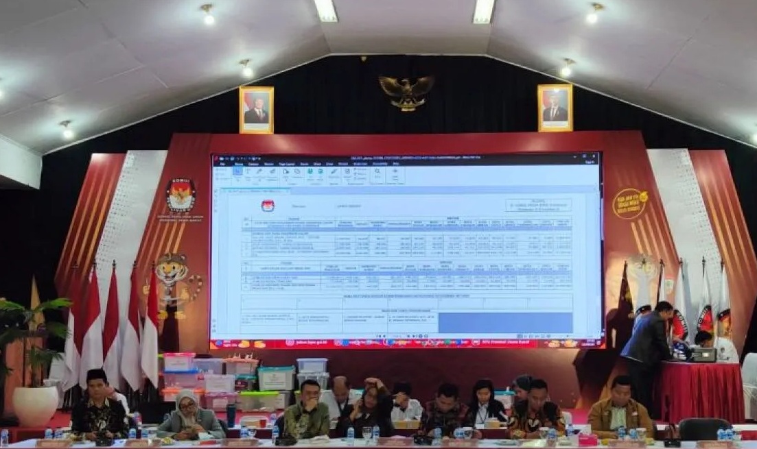 Para komisioner KPU Jabar membacakan hasil rekapitulasi suara dalam rapat pleno rekapitulasi penghitungan suara Pilkada Jabar di Gedung KPU Jabar, Bandung, Senin (9/12/2024). (Ricky Prayoga)