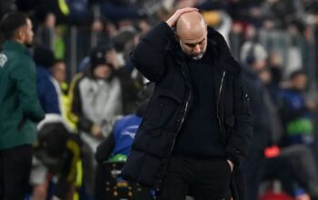 Pelatih Manchester City Pep Guardiola bereaksi pada akhir pertandingan Liga Champions kontra Juventus setelah timnya menelan kekalahan dengan skor 0-2 di Stadion Allianz, Turin, Rabu (11/12/2024).(ISABELLA BONOTTO)