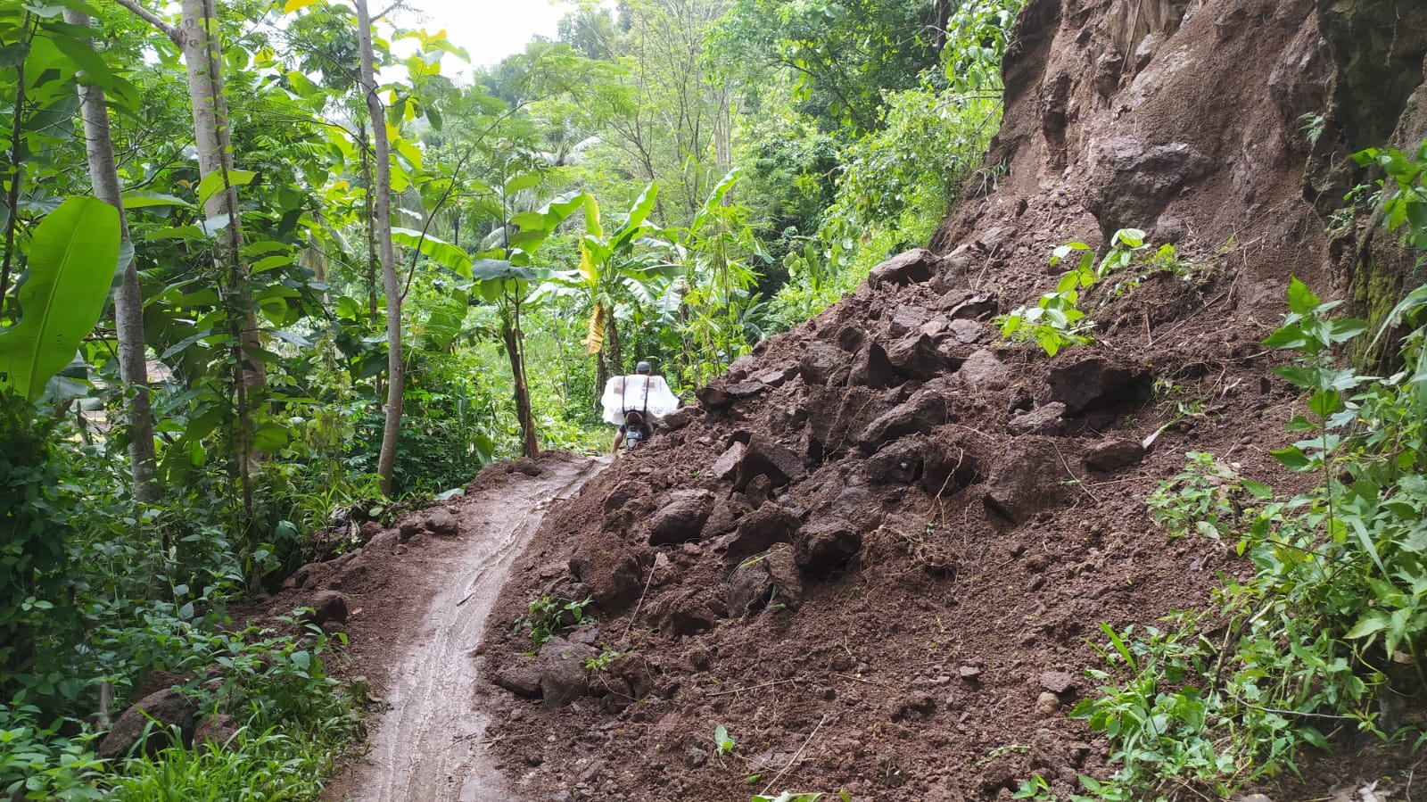 Kondisi Jalan menuju dusun Ciangkrek, Desa Mekarasih, Kecamatan Simpenan tertimbun Longsor.(FOTO : ISTIMEWA)