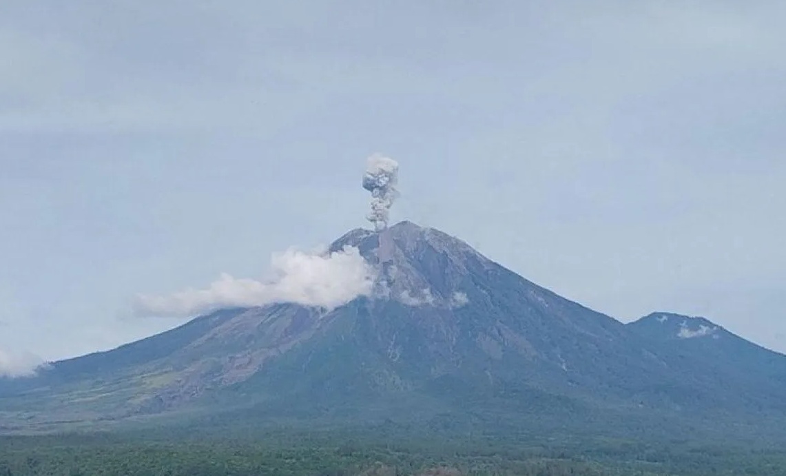 Gunung Semeru erupsi dengan tinggi letusan 900 meter di atas puncak pada Rabu (15/1/2025) pukul 07.48 WIB. 