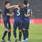Pemain timnas Jepang Hidemasa Morita (nomor 5) berpelukan dengan rekan setimnya setelah mencetak gol ke gawang Indonesia di Stadion Utama Gelora Bung Karno (SUGBK), Jakarta, Jumat (15/11/2024).