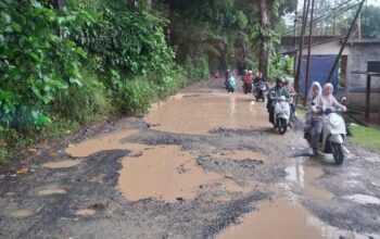 RUSAK PARAH : Kondisi ruas Jalan Raya Pangleseran - Cibatu, Kecamatan Cikembar, Kabupaten Sukabumi, rusak dan dipenuhi kubangan air.
