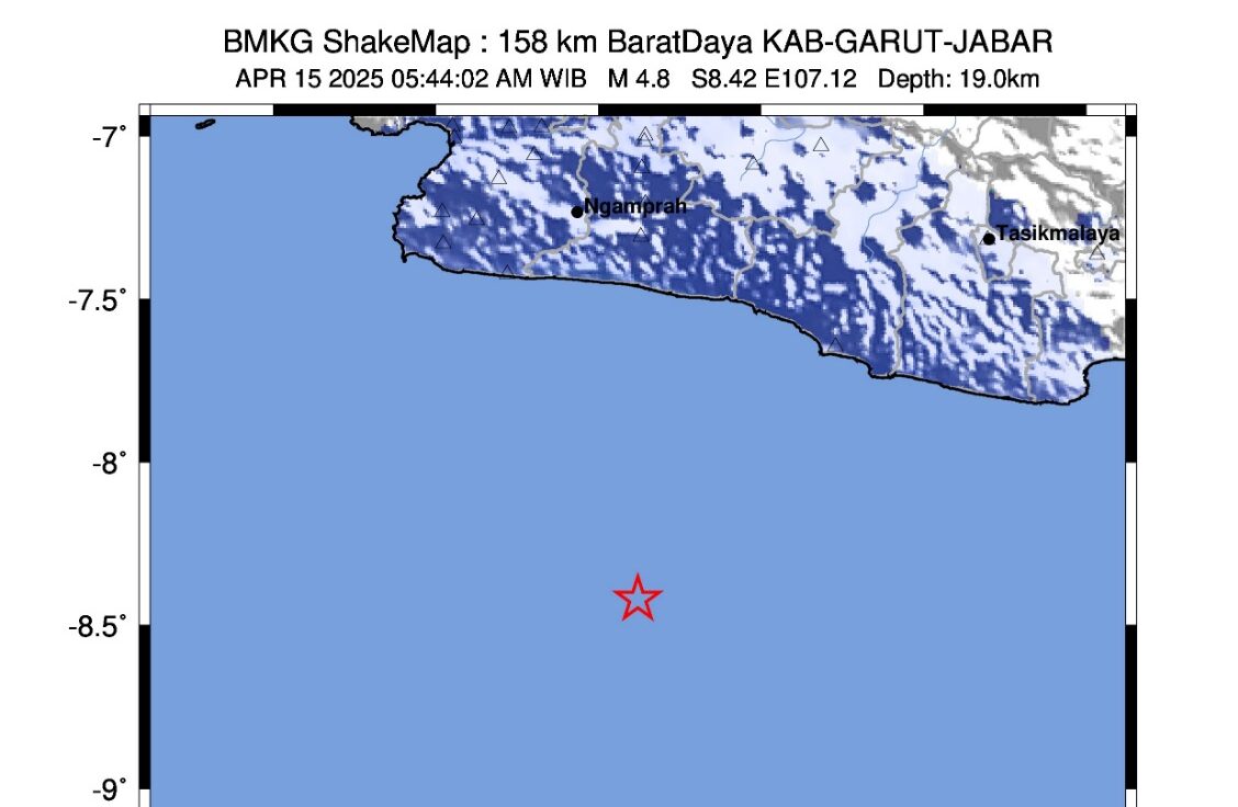 Gempa bumi berkekuatan 4.8 magnitudo yang berpusat di barat daya Kabupaten Garut, Jawa Barat, pada Sabtu (15/04/2025) pagi turut dirasakan hingga wilayah Sukabumi.