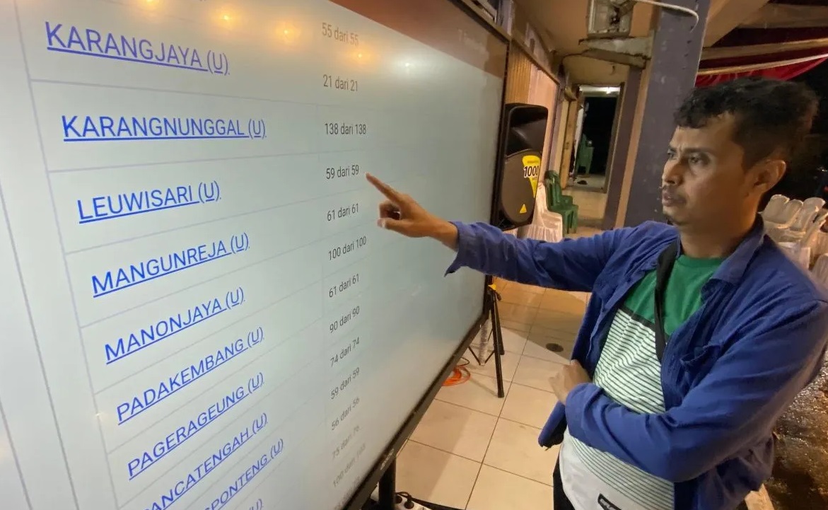 Warga melihat laporan hasil penghitungan perolehan pemungutan suara ulang tingkat TPS yang ditampilkan melalui aplikasi Sirekap di monitor KPU Kabupaten Tasikmalaya, Jawa Barat, Sabtu (19/4/2025).
