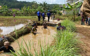 GOTONG ROYONG : Warga dan petugas gabungan saat kerja bakti membersihkan sungai Pangasahan di Kampung Babakan Banten, Desa Sukasirna, Kecamatan Cisaat, Kabupaten Sukabumi, Selasa (15/04).(FOTO : UNTUK RADAR SUKABUMI)