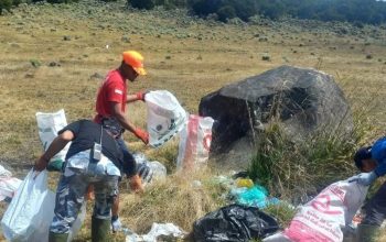 Relawan Basecamp Sauyunan Gunung Gede-Pangrango, Cianjur, Jawa Barat, melakukan operasi bersih sampah dari jalur pendakian hingga puncak gunung. ANTARA/Ahmad Fikri