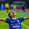 Pesepak bola Persib Bandung Beckham Putra melakukan selebrasi usai mencetak gol ke gawang Persik Kediri saat pertandingan BRI Liga 1 di Stadion Gelora Bandung Lautan Api (GBLA), Bandung, Jawa Barat, Rabu (5/3/2025). (Raisan Al Farisi)