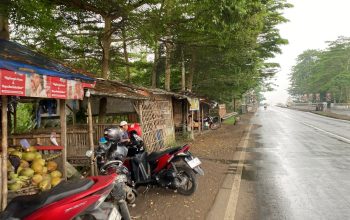 GANGGU ESTETIKA : Suasana bangunan liar berada di pinggir jalan Jalur Lingkar Selatan, Desa Babakan, Kecamatan Cisaat, Kabupaten Sukabumi pada Kamis (22/05).(FOTO : DENDI/RADAR SUKABUMI)