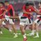 Pesepak bola Timnas Indonesia Rizky Ridho (tengah) bersama rekan-rekannya mengikuti sesi latihan resmi jelang pertandingan kualifikasi Piala Dunia 2026 putaran ketiga Grup C di Stadion Utama Gelora Bung Karno, Jakarta, Rabu (4/6/2025). Latihan tersebut sebagai persiapan jelang pertandingan melawan Timnas China pada Kamis (5/6).
