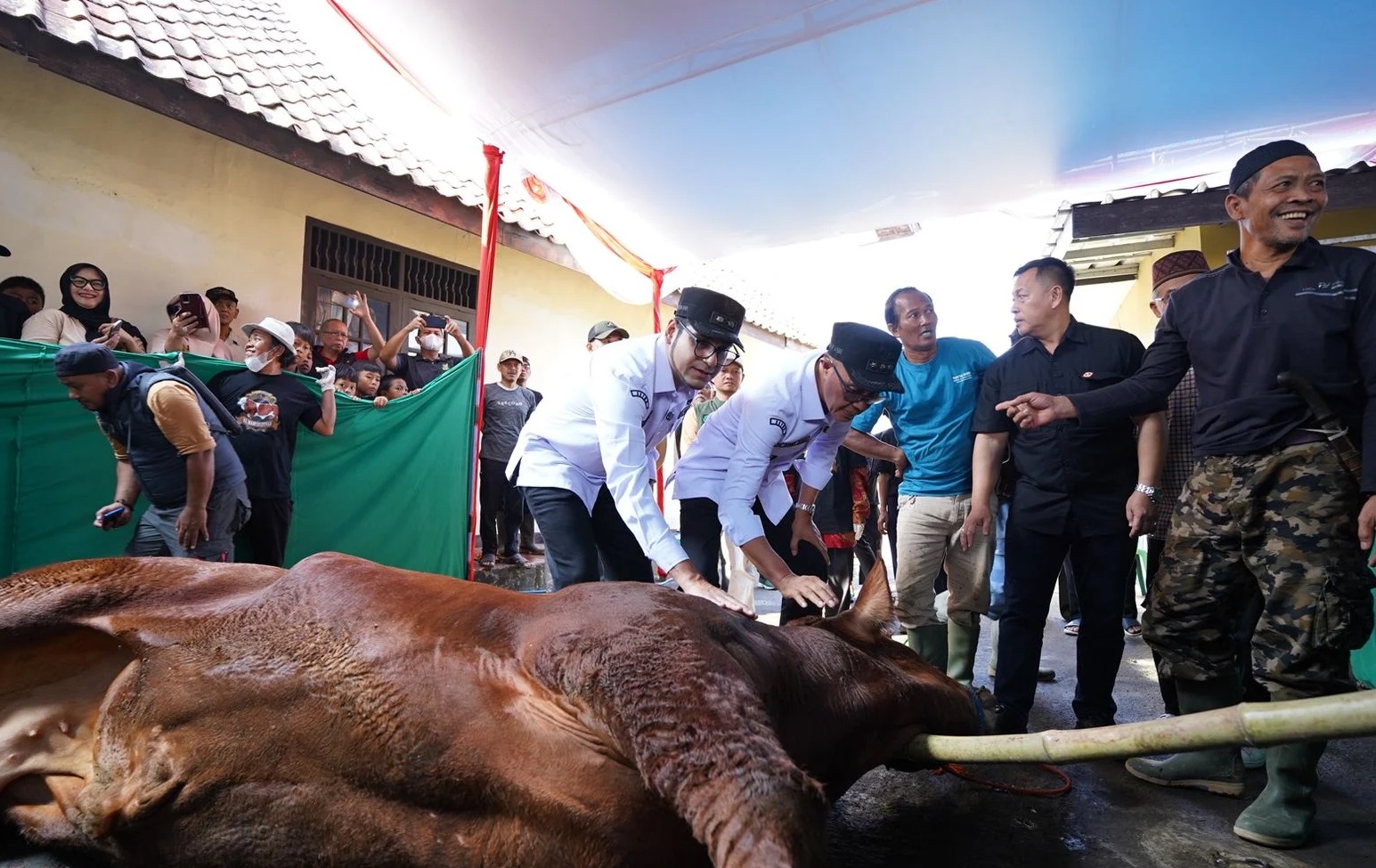 Wali Kota Sukabumi, Ayep Zaki, bersama Wakil Wali Kota, Bobby Maulana, menghadiri pemotongan hewan kurban bantuan Presiden RI, Prabowo Subianto, di Pondok Pesantren Al Mahfudzziyah, Cisarua, Cikole, pada Sabtu, 7 Juni 2025.(FOTO : Agus Rustiawandi-HUMAS PEMKOT)