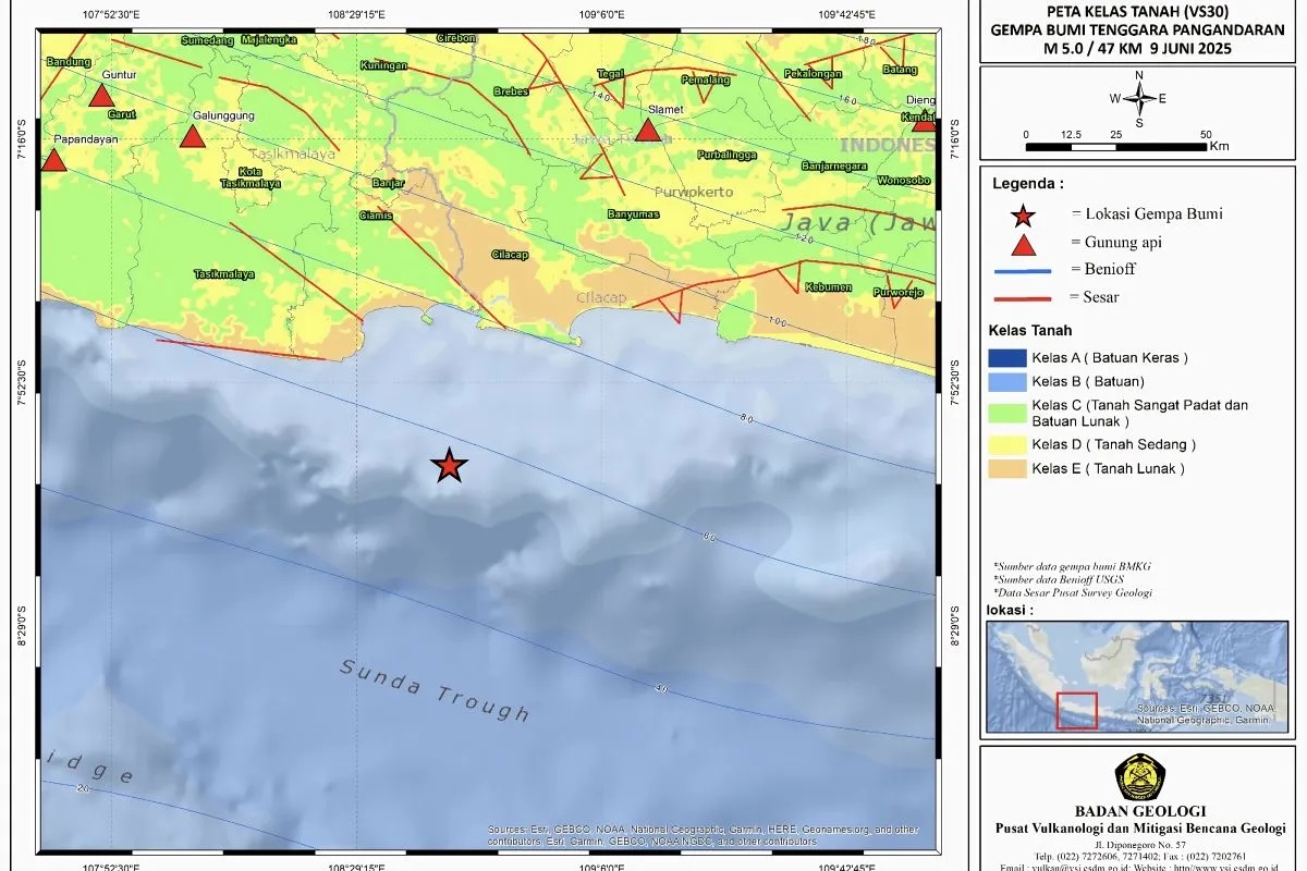 Peta pusat gempa dengan kekuatan magnitudo 5,0 di Kabupaten Pangandaran, Jawa Barat, Senin (9/6/2025). (Badan Geologi)