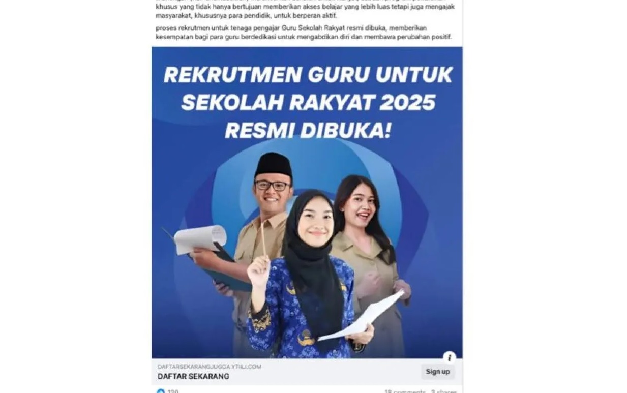 Unggahan yang menarasikan tautan pendaftaran guru untuk Sekolah Rakyat. Faktanya, tautan dalam unggahan tersebut berpotensi sebagai phising. (Facebook)