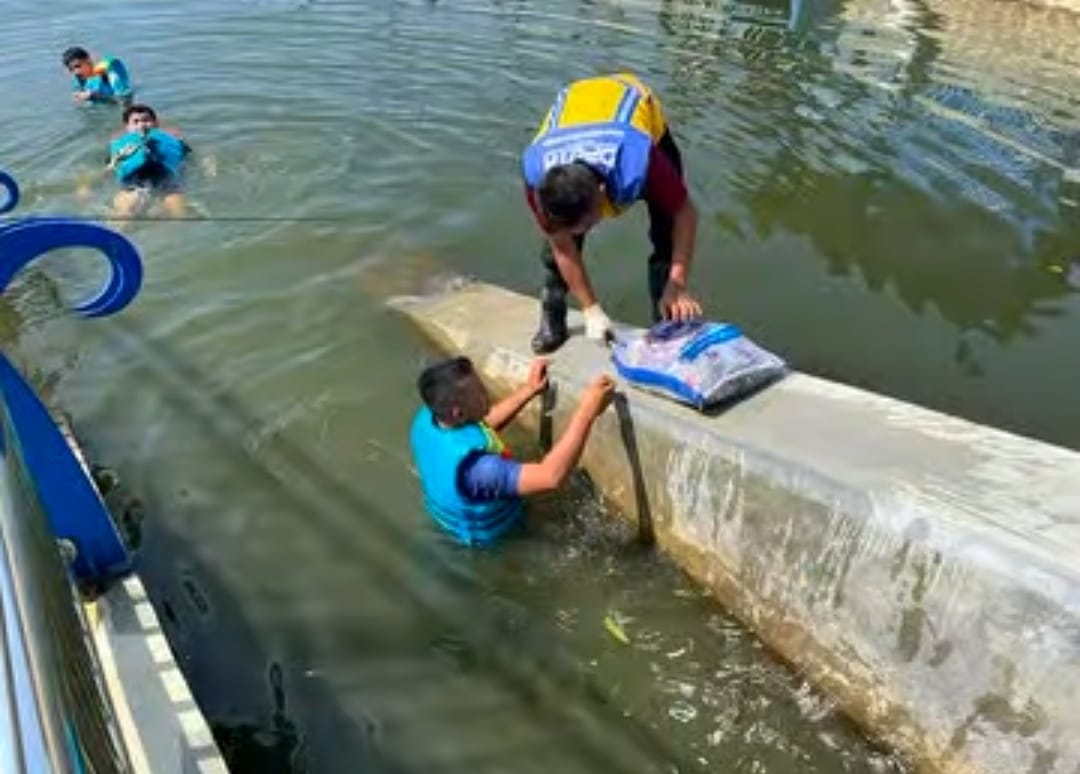 PEMELIHARAAN: Sejumlah petugas DPUTR Kota Sukabumi saat melakukan pemeliharaan kolam retensi, belum lama ini.