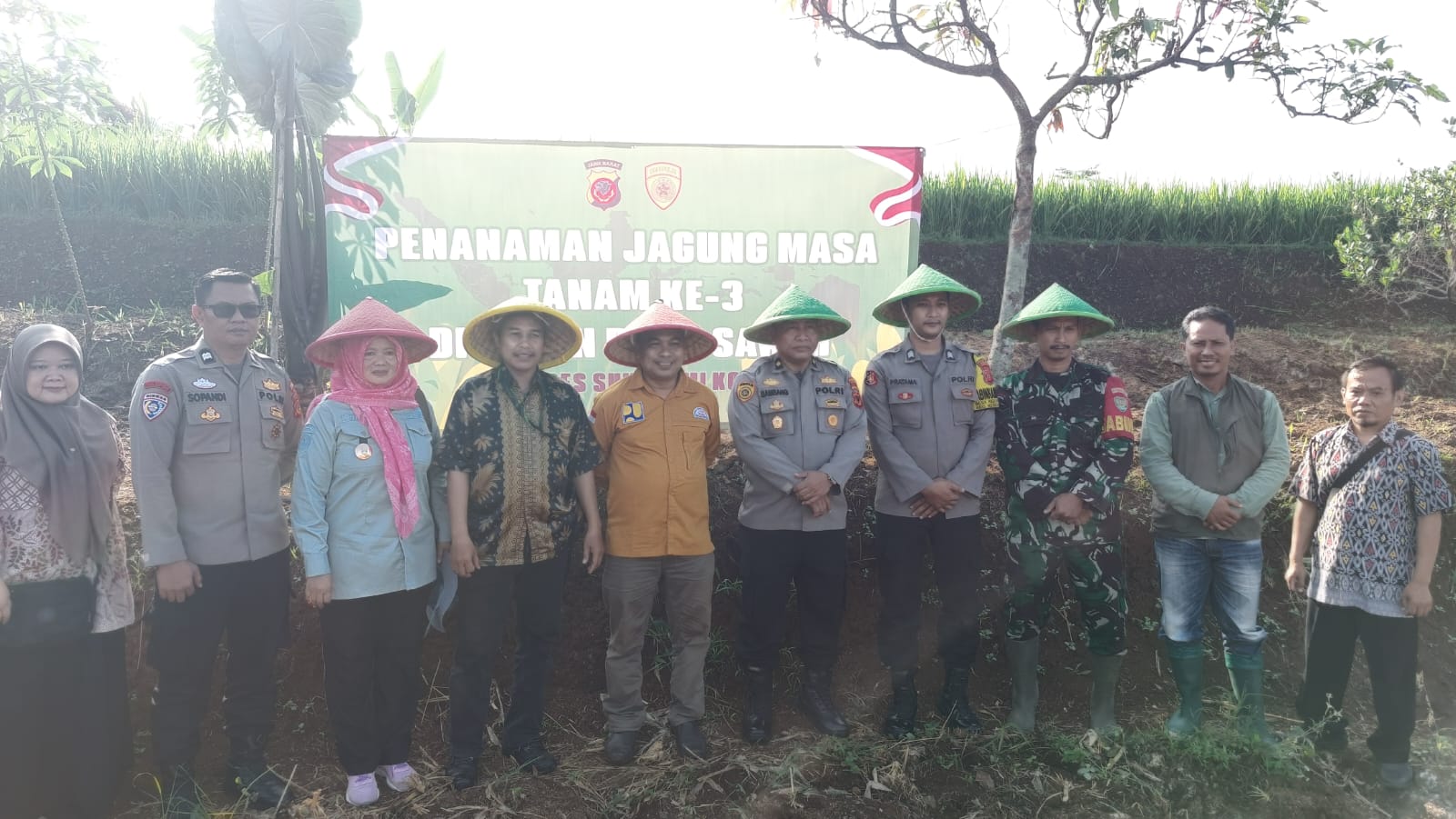 KOMPAK : Petani dan Bumdes Desa Kebonpedes bersama TNI/Polri saat menanam jagung di Desa/Kecamatan Kebonpedes, Kabupaten Sukabumi pada Kamis (31/7).