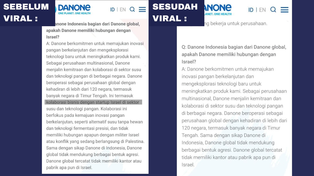 Danone Indonesia diduga menghapus pernyataan resmi di situs webnya terkait kerja sama bisnis dengan perusahaan asal Israel.