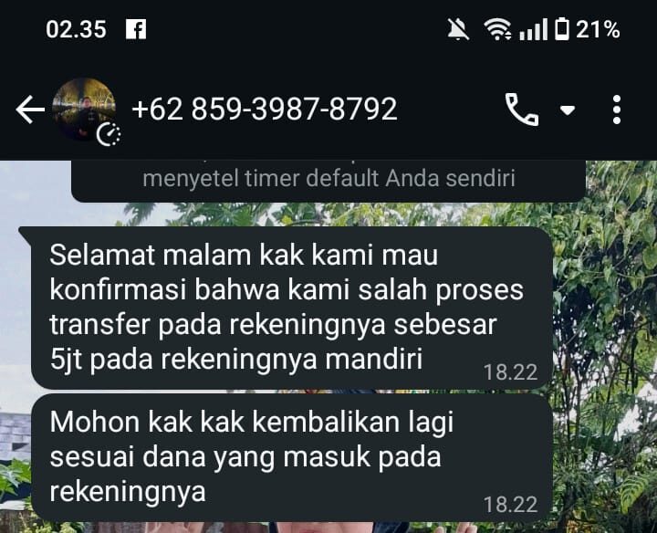 TANGKAPAN LAYAR: Tangkapan layar pesan yang dikirim terduga pelaku penipuan.