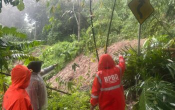 Ruas Jalan Nasional Bagbagan–Kiara Dua, tepatnya di Kampung Cipamunguan hingga Kampung Cimapag, Desa Loji, Kecamatan Simpenan, tertutup total akibat longsor pada Minggu (11/1/2026).