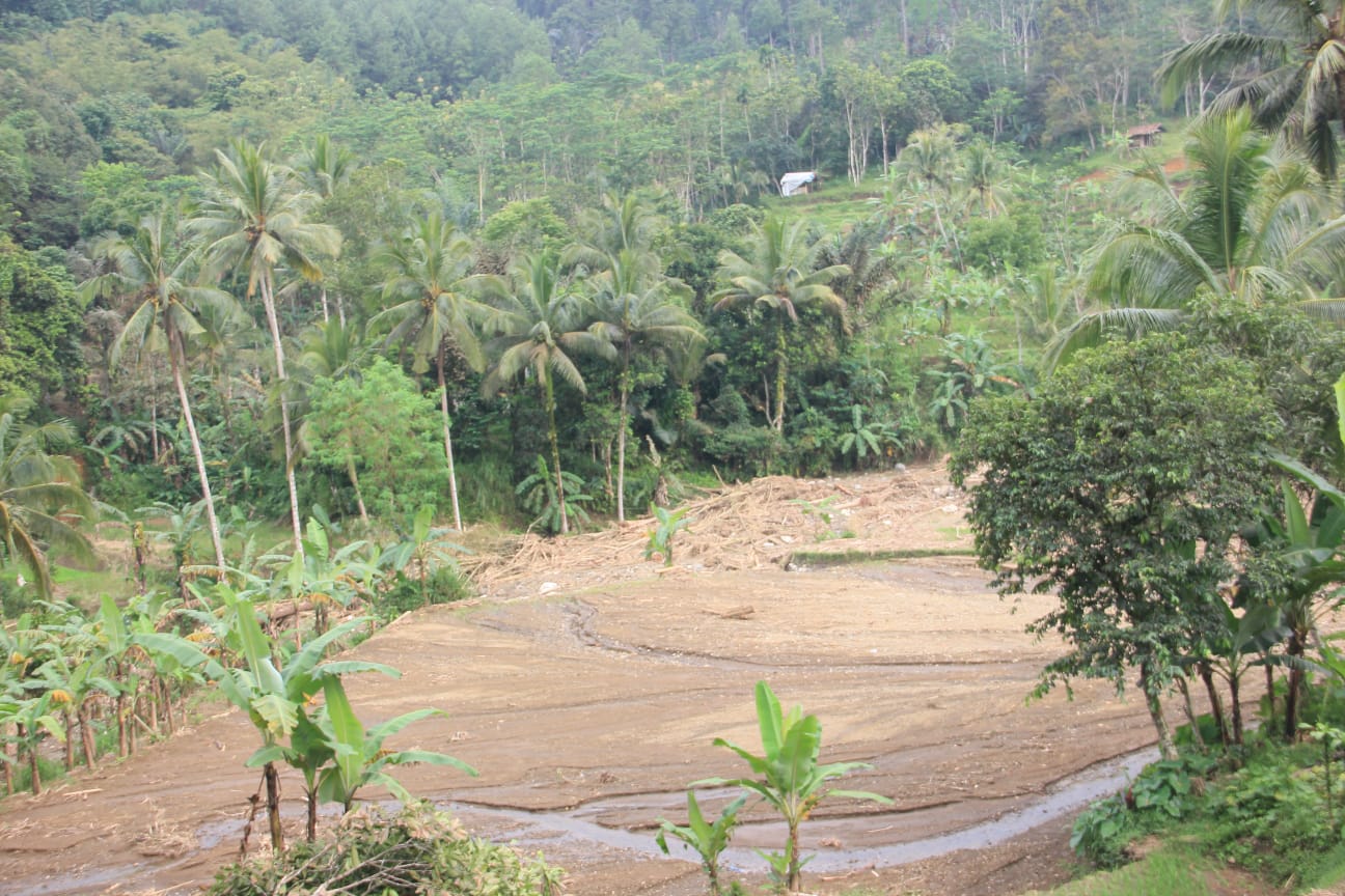 RUSAK : Suasana lahan pesawahan warga di Kampung Cihanjuang, Desa Sukamaju, Kecamatan Nyalindung, rusak terdampak bencana alam.