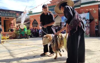 Salah satu peserta Fashion Show Domba Kurban di Ponpes Dzikir Al Fath Sukabumi tampil dengan kostum unik hasil kreasi santri.